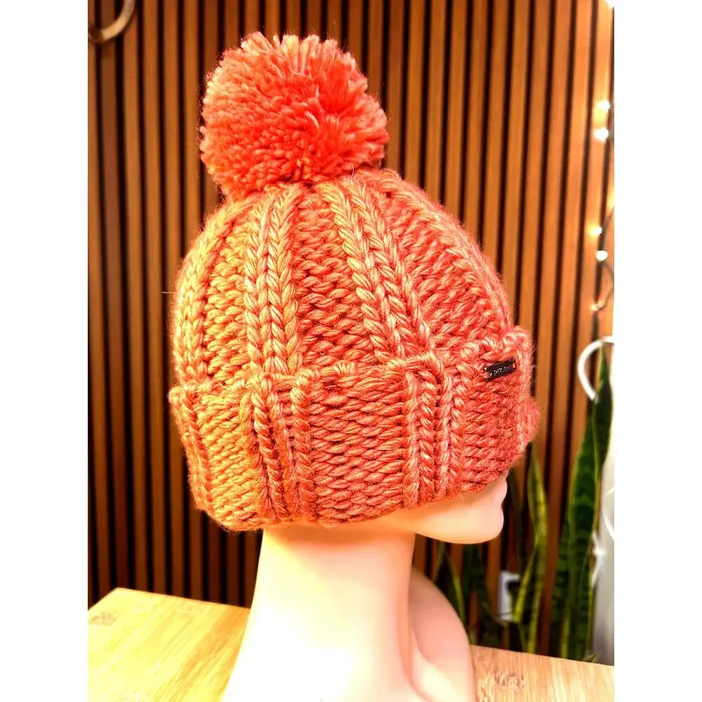 prAna Chunky Knit Pom Beanie Melon Coral Rust Soft Whool Blend Retro Sky Gorp